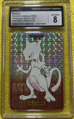 1996 BANDAI CARDDASS POKEMON PART 2 RED CARD PRISM HOLO #150 MEWTWO CGC 8 POP 88 - Image 1