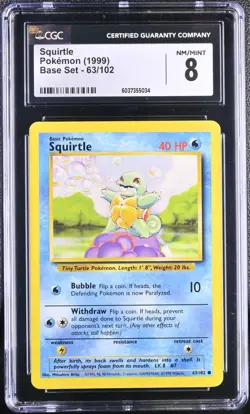SQUIRTLE 63/102 POKEMON 1999 BASE SET CGC 8 NM/MINT - Image 1
