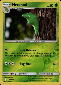 Metapod Uncommon SM Base Set 2/149 Grass Reverse Holo Pokemon Card - Image 1