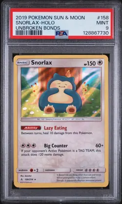 2019 POKEMON SUN & MOON UNBROKEN BONDS #158 SNORLAX-HOLO PSA 9 - Image 1