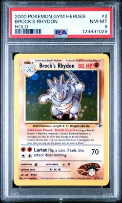 2000 POKEMON GYM HEROES HOLO #2 BROCK'S RHYDON PSA 8 - Image 1