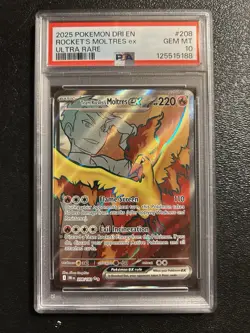 2025 Pokemon Team Rocket’s Moltres ex #208 PSA 10 Ultra Rare - Image 1