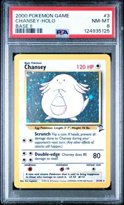 PSA 8 NM-MT Chansey Base Set 2 Holo Rare Pokemon Card 3/130 with Card Guard! - Image 1
