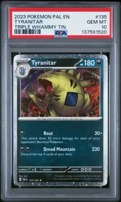2023 POKEMON PAL EN TYRANITAR TRIPLE WHAMMY TIN #135 COSMO HOLO PSA 10 POP 65 - Image 1