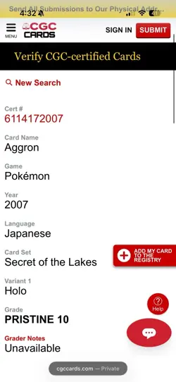 CGC PRISTINE 10 Aggron Secret of the Lakes DPBP#357 Holo Pokemon JPN 2007 POP 1 - Image 4