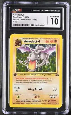 Pokemon Card Aerodactyl 1/62 Holo 1st Edition Fossil CGC 10 GEM MINT - Image 1