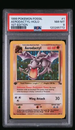 1999 POKEMON FOSSIL 1 AERODACTYL HOLO 1ST EDITION PSA 8 NM MT - Image 1