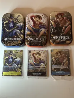 One Piece CCG Tin Promo Cards Set Sealed Luffy, Ace, And Sabo With Opened Tins - Image 1