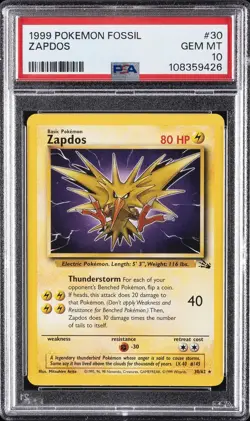 1999 POKEMON FOSSIL #30 ZAPDOS PSA 10 - Image 1