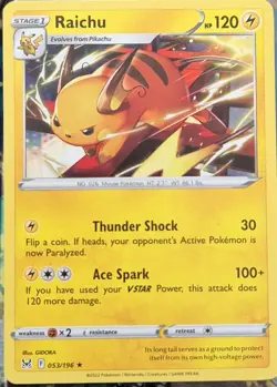 053/196 Raichu Rare Lost Origin Pokemon TCG Card Sword & Shield SWSH 2022 - Image 1