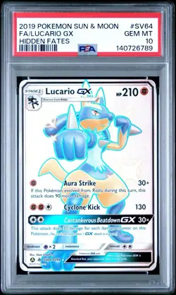 Pokemon Lucario GX SV64/SV94 Hidden Fates Shiny Vault Holo English PSA 10 (2019) - Image 1