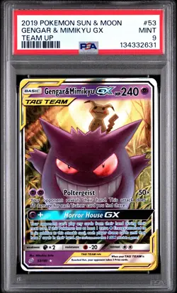 2019 POKEMON SUN & MOON TEAM UP #53 GENGAR & MIMIKYU GX PSA 9 - Image 1