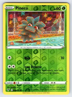 Pineco 008/185 2020 Vivid Voltage Pokemon Card Komiya Art Reverse Holo Common Nm - Image 1