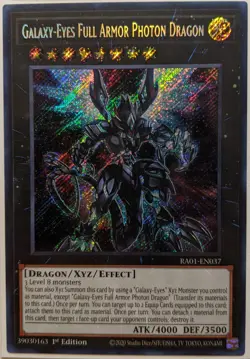 YuGiOh Galaxy-Eyes Full Armor Photon Dragon Secret Rare 1st Edition RA01-EN017 - Image 1
