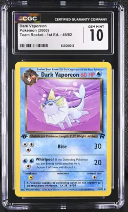 CGC 10 Dark Vaporeon 45/82 1st Edition Team Rocket 2000 Pokemon Card - Image 1