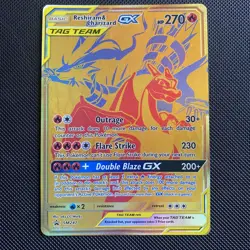 Pokemon Reshiram & Charizard GX SM247 Sun & Moon Tag Team Promo Card TCG Gold - Image 1