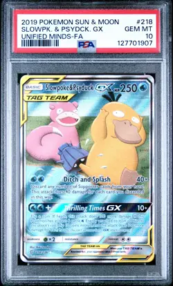 2019 POKEMON SUN & MOON UNIFIED MINDS #218 FULL ART/SLOWPOKE & PSYDUCK GX PSA 10 - Image 1