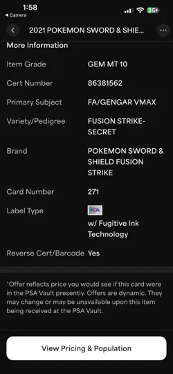 2021 Pokemon Gengar VMAX Alternate Art Secret Fusion Strike #271 PSA 10 - Image 5