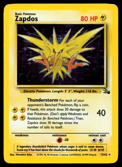 Zapdos 15/62 Fossil Unlimited Holo Rare Pokemon Card - Image 1