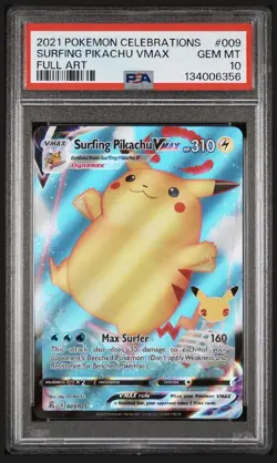 2021 Pokemon Celebrations Surfing Pikachu VMAX 009 PSA 10 Gem Mint - Image 1