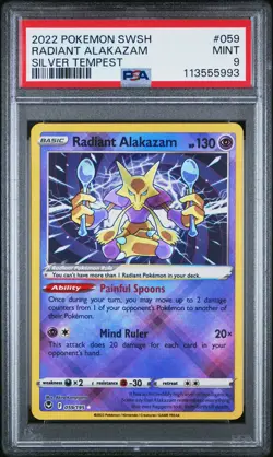 2022 POKEMON SWORD & SHIELD SILVER TEMPEST #059 RADIANT ALAKAZAM PSA 9 - Image 1