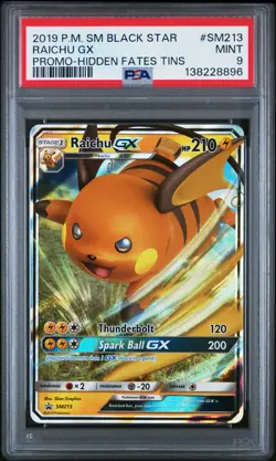 2019 POKEMON SM BLACK STAR PROMO HIDDEN FATES TINS #SM213 RAICHU GX PSA 9 - Image 1