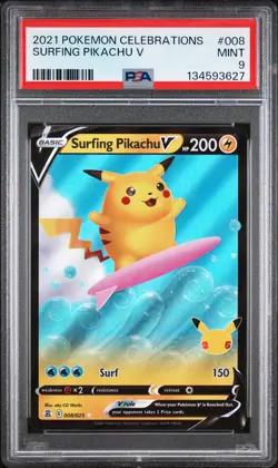 2021 POKEMON CELEBRATIONS #008 SURFING PIKACHU V PSA 9 - Image 1
