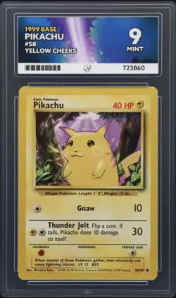 Pikachu 58/102 Base Yellow Cheeks ACE GRADED 9 MINT Pokemon Card - Image 1