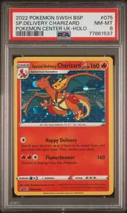 2022 POKEMON SWSH BLACK STAR PROMO #075 SPECIAL DELIVERY CHARIZARD-HOLO PSA 8 - Image 1