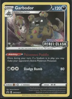 Pokemon TCG Garbodor SWSH025 Black Star Promo Rebel Clash Pre Release NM - Image 1