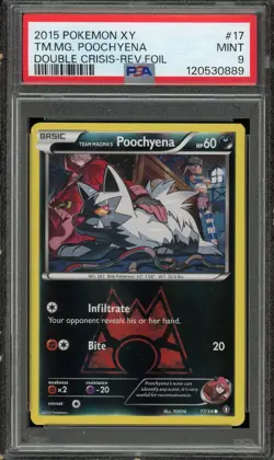 PSA 9 Mint Pokemon Team Magma's Poochyena Reverse Holo 2015 XY Double Crisis #17 - Image 1