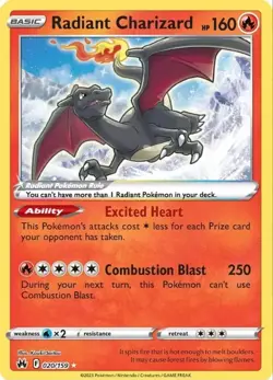 Pokemon TCG Radiant Charizard Crown Zenith 020/159 Holo Radiant Rare NM - Image 1