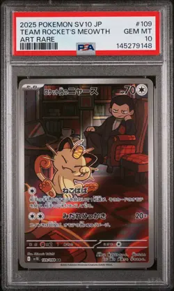 Pokemon Team Rocket's Meowth 109/098 SV10 Art Rare Holo Japanese PSA 10 - Image 1