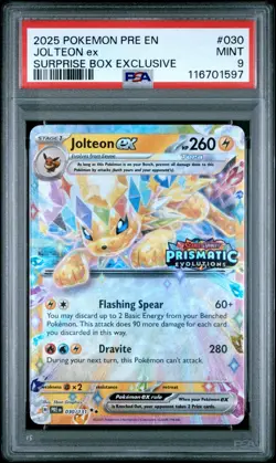 2025 POKEMON PRE EN-PRISMATIC EVOLUTIONS SURPRISE BOX EXCLUSIVE JOLTEON EX PSA 9 - Image 1
