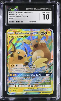 CGC 10 Raichu & Alolan Raichu GX 54/236 Holo Unified Minds Pokemon Card - Image 1