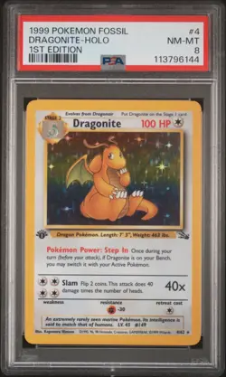Pokemon FOSSIL #4 DRAGONITE HOLO 1ST EDITION PSA 8 (BIN6144) Graded Power - Image 1