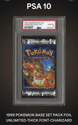 1999 Pokemon Base Set Unlimited Charizard Sealed Pack PSA 10 GEM MINT Thick Font - Image 1