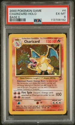 2000 Pokemon Game Base II Charizard #4 Base II Holo twirl PSA 6 - Image 1