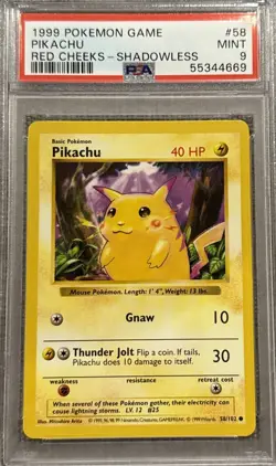 PSA 9 Pikachu 58/102 Red Cheeks Shadowless Base Set 1999 Pokemon Card - Image 1