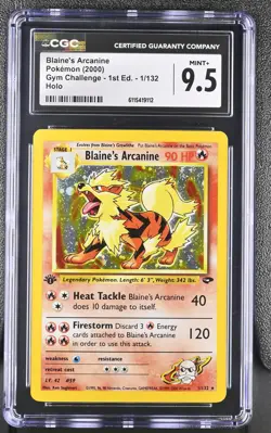 CGC 9.5 Blaine's Arcanine Gym Challenge 1st Edition 1/132 Holo Pokemon Card - Image 1