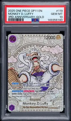 2025 ONE PIECE OP11 EN #119 MONKEY D. LUFFY 3RD ANN. -GOLD PSA 10 (Q140 - Image 1
