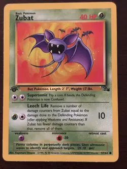 Pokemon TCG Zubat Fossil 57/62 1st Edition Basic Common 40 HP English 1999 - Image 1