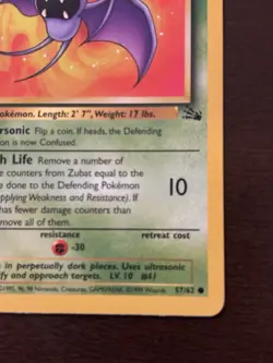 Pokemon TCG Zubat Fossil 57/62 1st Edition Basic Common 40 HP English 1999 - Image 3