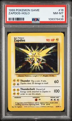1999 POKEMON GAME SET UNLIMITED ZAPDOS-HOLO #16 - PSA 8 RARE - Image 1