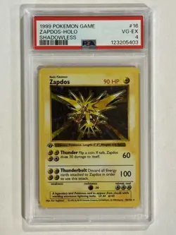 Pokemon Base Set Zapdos 16/102 1st Edition Shadowless Holo Rare PSA 4 VG-EX - Image 1
