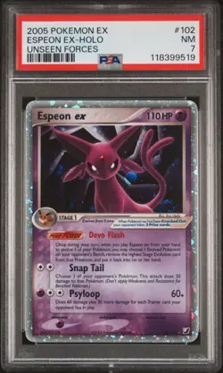 2005 POKEMON EX UNSEEN FORCES #102 ESPEON EX-HOLO PSA 7 - Image 1