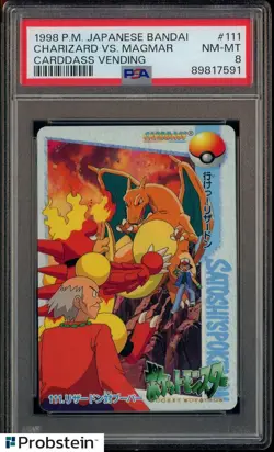 1998 Pokemon Japanese Bandai Carddass Vending #111 Charizard Vs. Magmar PSA 8 - Image 1