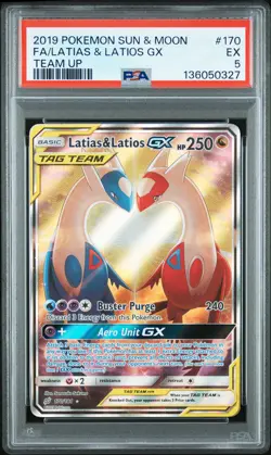 2019 POKEMON SUN & MOON TEAM UP #170 FULL ART/LATIAS & LATIOS GX PSA 5 - Image 1