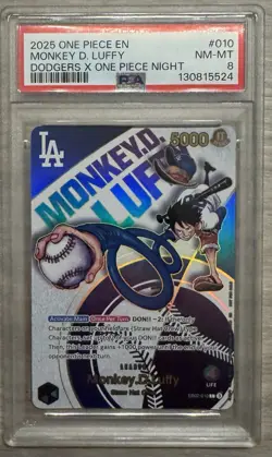 Monkey D. Luffy 010 Dodgers x One Piece Night Leader Foil PSA 8 2025 - Image 1