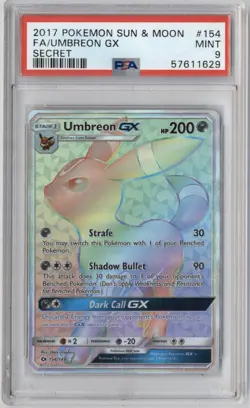 2017 Pokemon Sun & Moon Base Umbreon FA Secret Rainbow Holo 154/149 PSA 9 Mint - Image 1